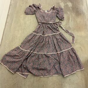 Vintage cottage core fairy handmade bow Floral Ruffle Maxi Dress puff sleeves